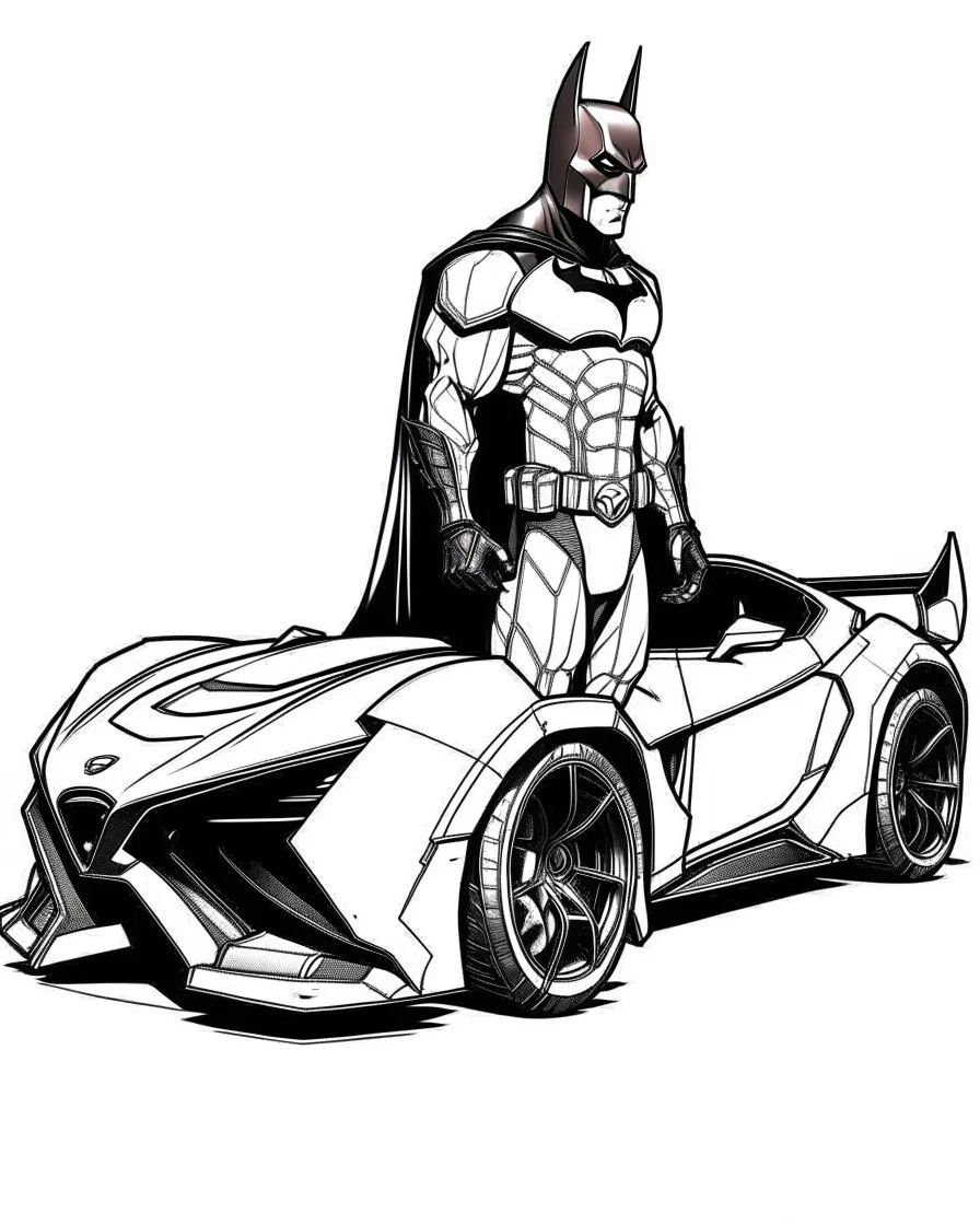 real massive Batman, with hi s vehicle coloring page, full body (((((white background))))), only use an outline., real style, line art, white, clean line art, white background, Sketch style.