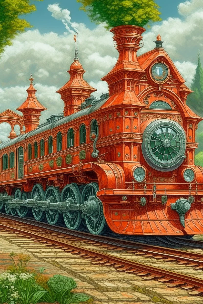 A salmon orange colored steampunk train station designed in Navajo woven art painted by Claude Monet