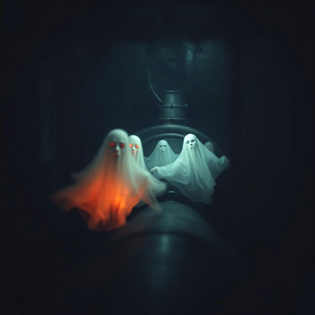 Blurry Ghosts at night inside a dark submarine in a delusional state haunted by blurry ghostly images, paint it in the baroque style, as if the ghost are horrified in the dark