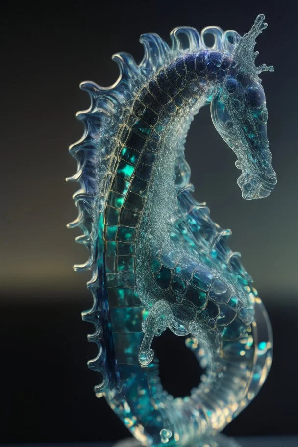 portrait of glass sea horse sculpture with indentations, art, 4k, high detail, trending art, depth of field, volumetric light, dramatic lights