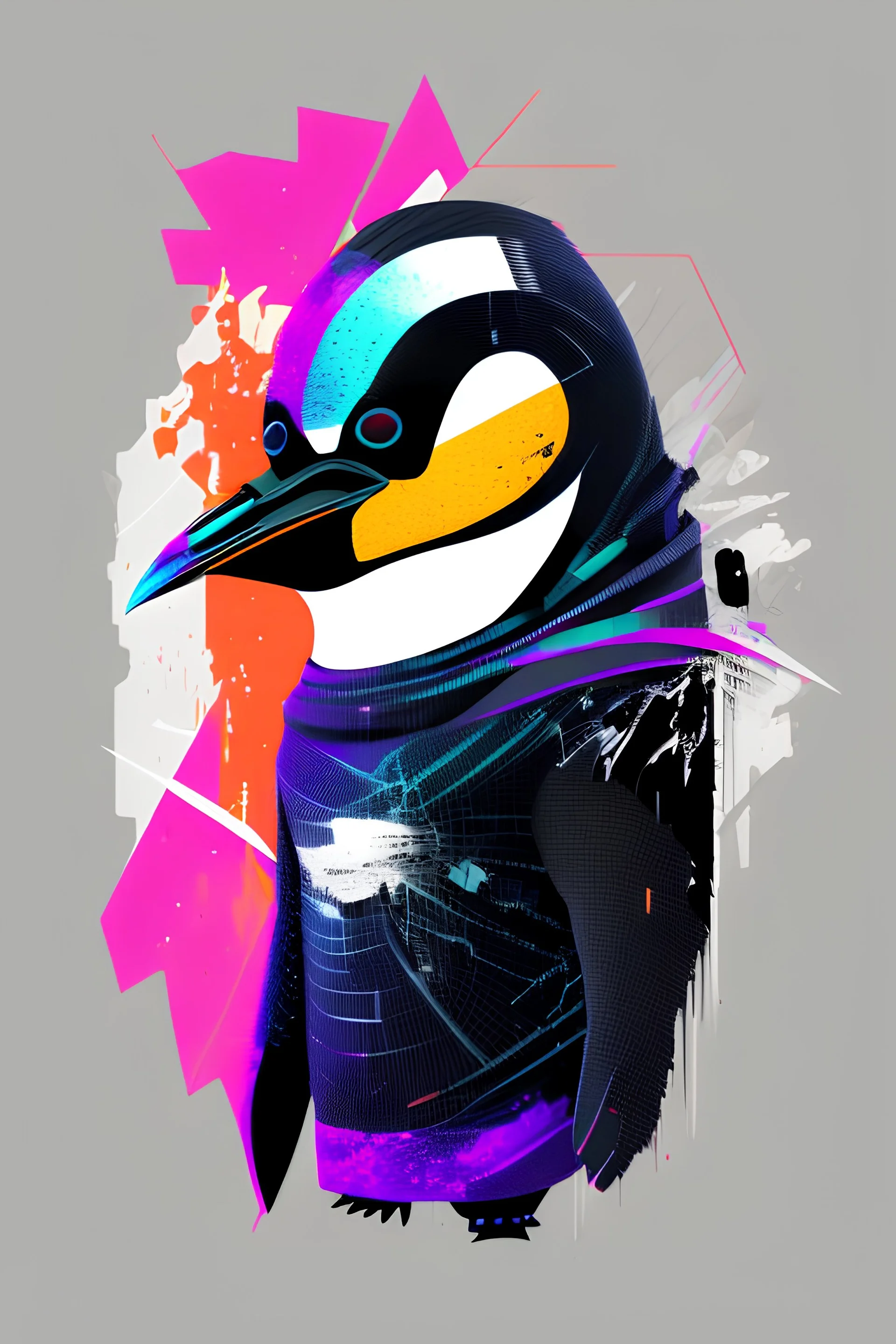 "Generate a Glitch Penguin vector graphics logo for a trendy T-shirt design. No background, PNG style, Depict a penguin with distorted, glitchy elements, giving it a unique and edgy look. Use bold colors and jagged lines to create an eye-catching and unconventional logo."
