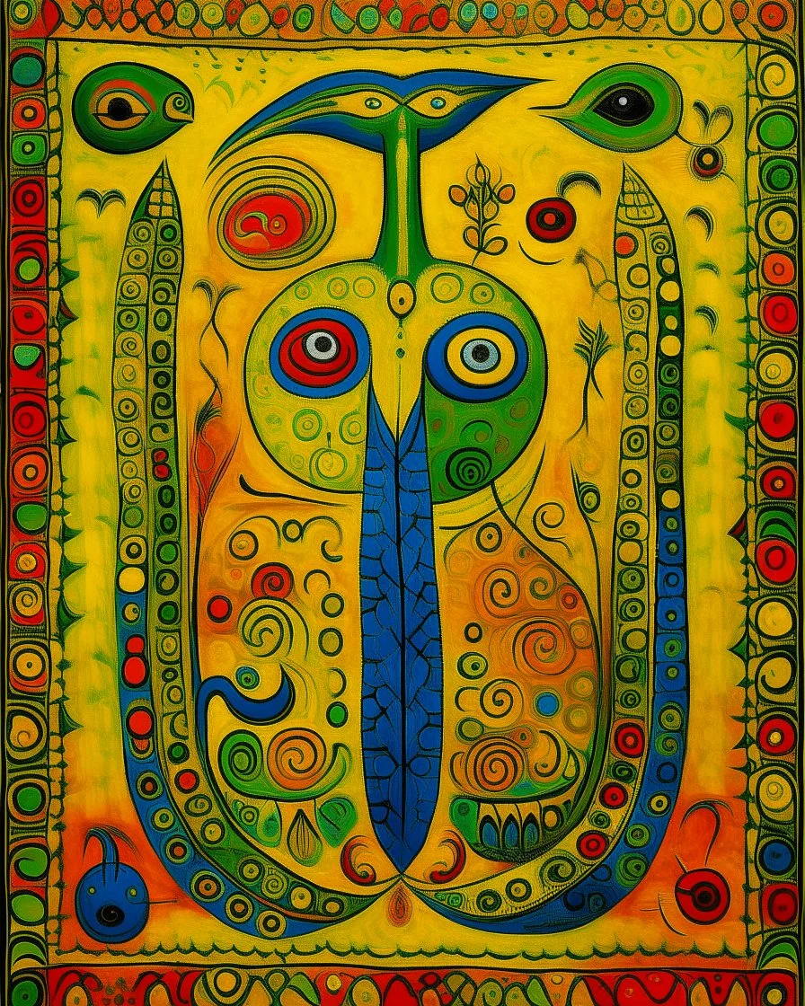 A dark yellow glistening dream-like fantasy designed in Kuna molas painted by Alexej von Jawlensky