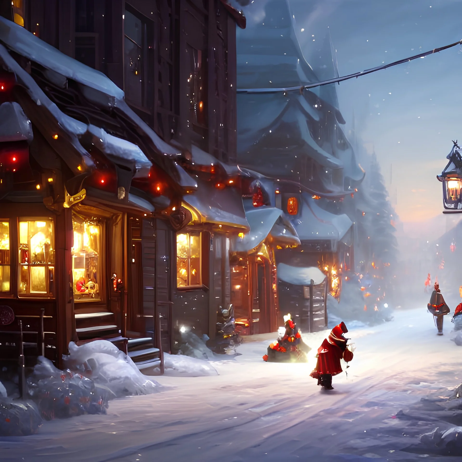 Santa Claus rides on just one polar bear and hands out presents to the children in the street. There is snow on the street, the lanterns are burning. Oil painting, dynamic lighting 8k, very cute, fantasy, fantastic view, colourful, Nikon850 highly detailed