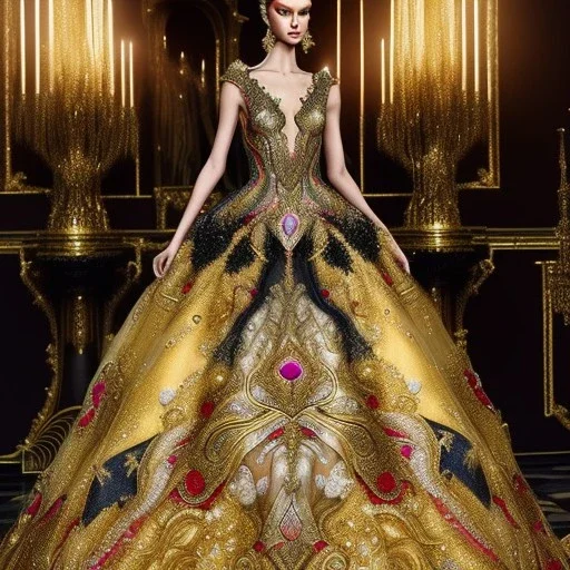 stunning extrem opulent haute couture gown designed by Marchesa inspired by fairies, realistic epic elegant fantasy color mix of gold and black and dark red,decorated with precious stones, detailed, high quality, intricate, fantasyland background,