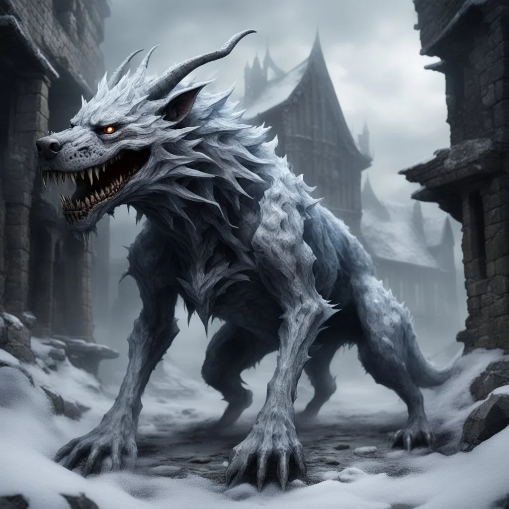 frost hellhound out of the abyss monstrous in ruins of medival town