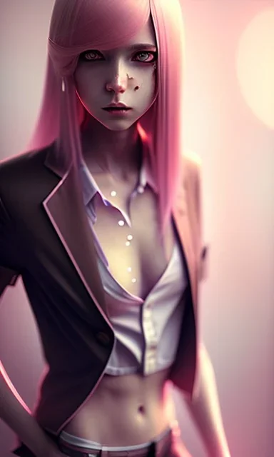 girl, cute, beautiful, pink hair, brown eyes, long hair, bangs, knife in hand, blood on face, by Greg Rutkowski, big boobs, blazer, skirt, yandere