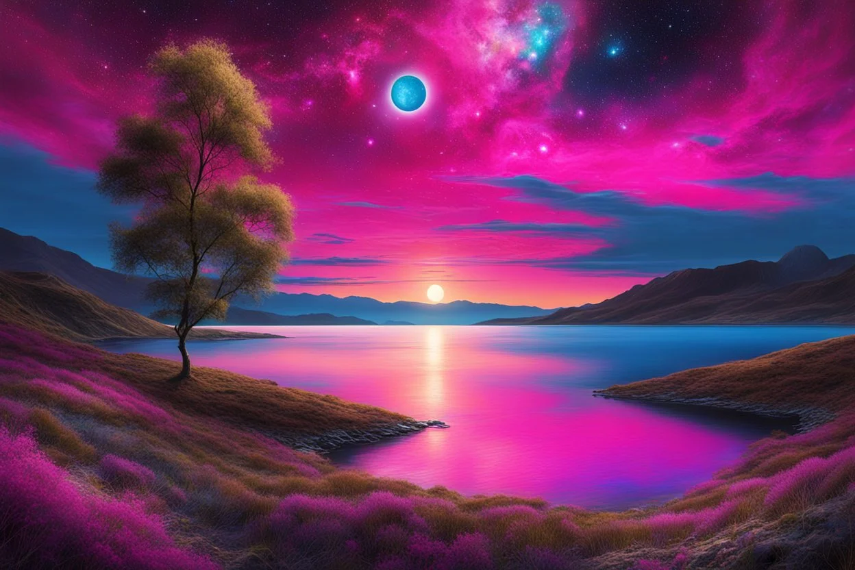 fushsia sky, planet in the sky, lake, sci-fi, mountains, galactic cosmic influence