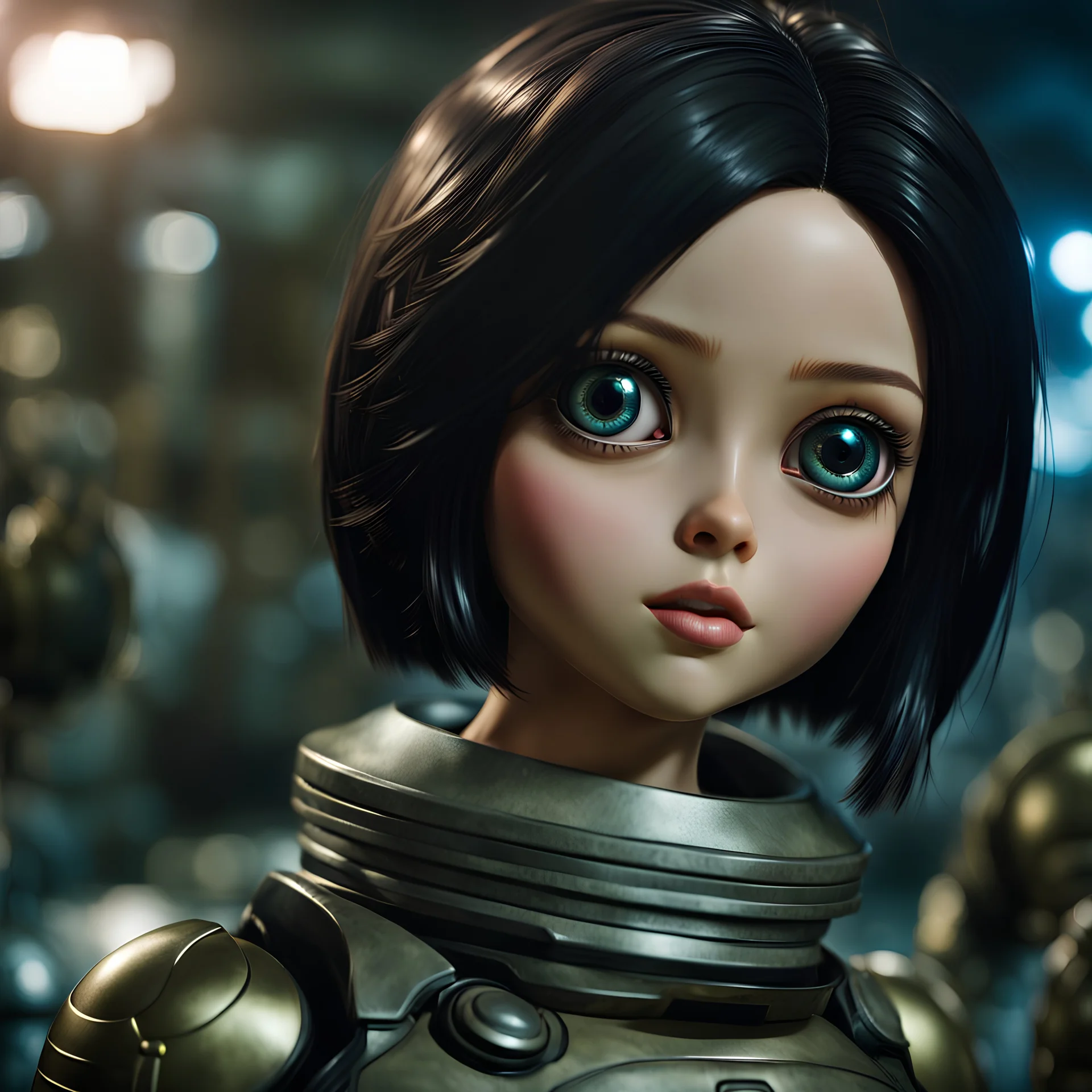 Realistic picture of a teenage girl with extremely big doll eyes and huge eyeballs like Alita in Battle Angel, high cheek bones, full lips, very wide mouth, no visible teeth, a bit oversized head