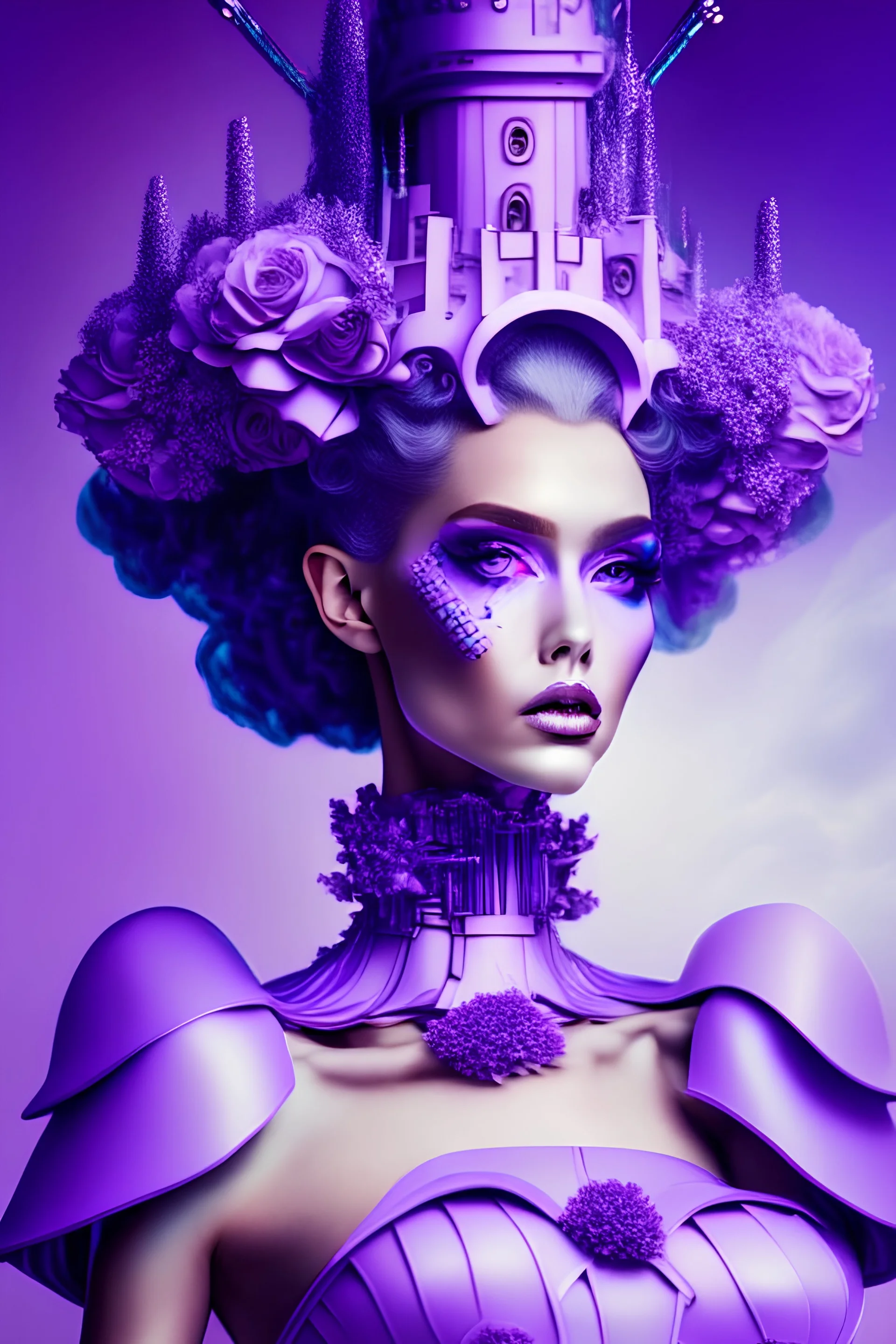 sexy robotic avatar women wearing lavender dress castle crown pink fantasy highheels haute couture floral american shot beautiful face blue purple beautiful lips