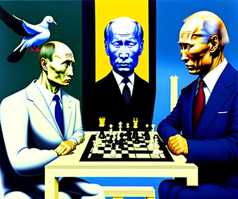 Putin, President Xi Of China And Joe Biden Play Chess With A Pigeon,Complex Surgical Instruments,A Newborn Boy,Minimalism,Painting By Lucian Freud,Rene Magritte,Adrian Ghenie,Michelangelo,Salvador Dali,Pablo Picasso