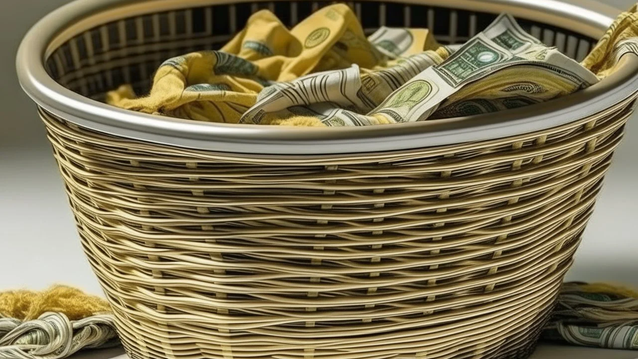 Gold and money in a laundry basket together with laundry