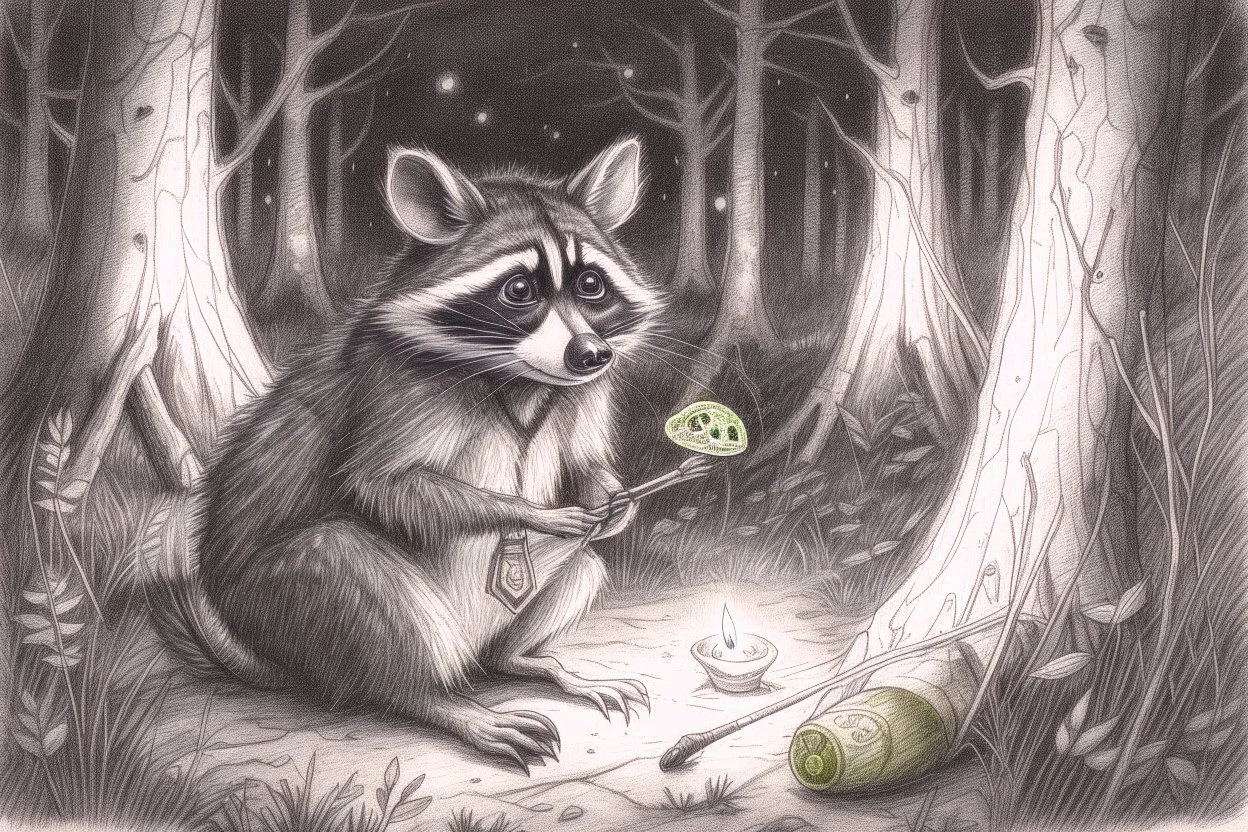 At dusk a curious raccoon explores the forest. Tiptoeing into human campsites, intrigued by artifacts they found.- Pencil drawing, realistic, graphite