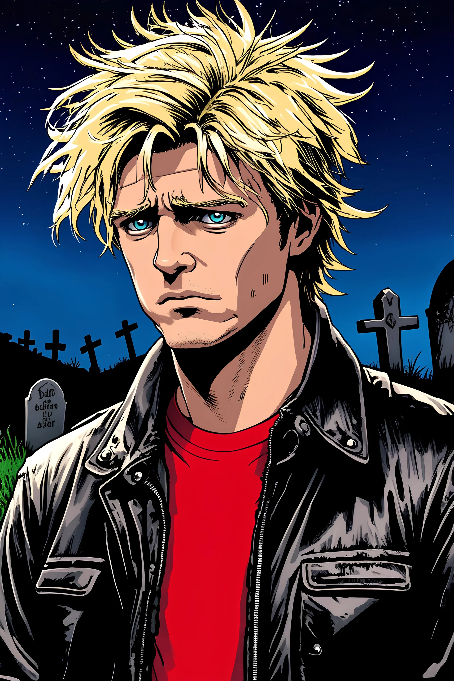 Blonde man, messy hair, sad eyes, leather jacket, red T-shirt, in a graveyard at night illustrated