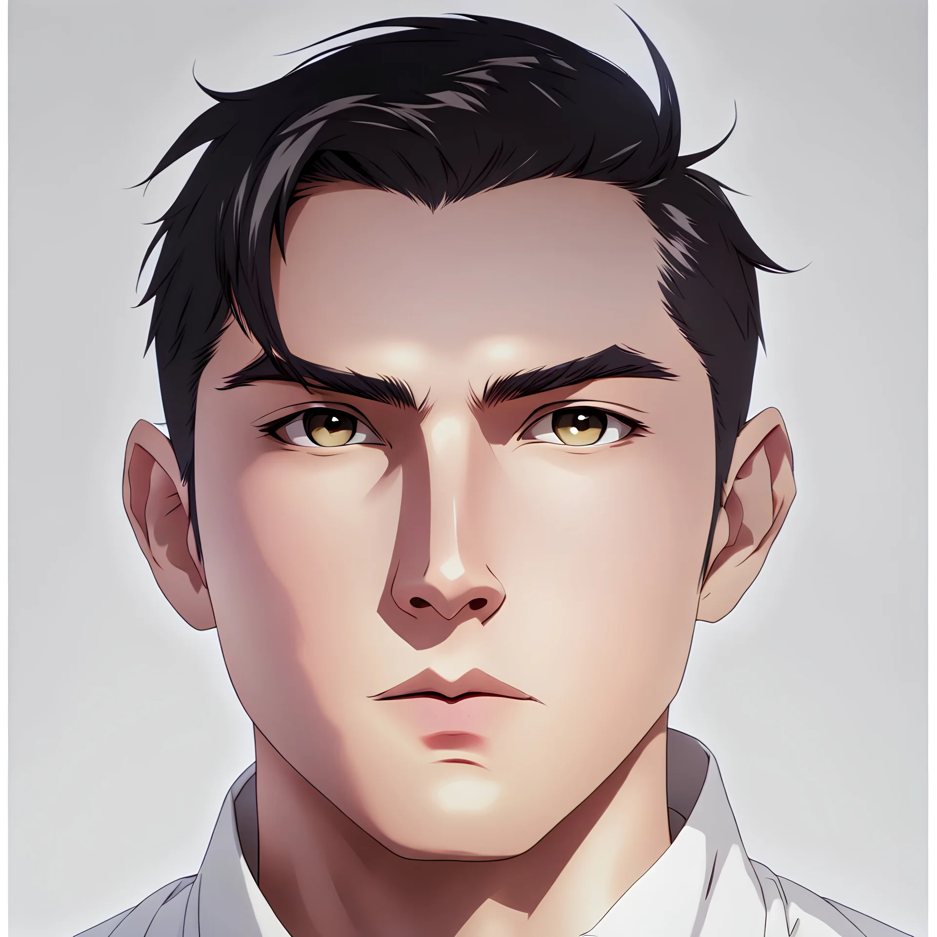 mysterious youthful Russan male, man, dark and intriguing, confident, intense, handsome, anime style, retroanime style, cool style, dark black short hairs, white shirt, white paint background, white man, brown eyes, middle lips, A small smile, The head looks straight ahead