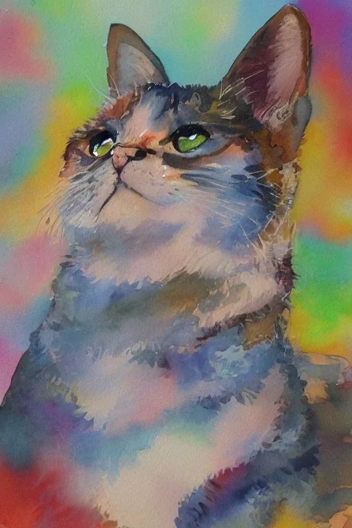 watercolor painting, cat, happy, bright color,