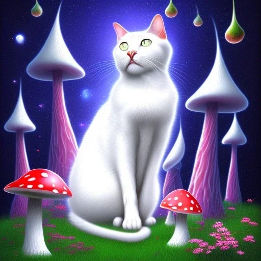 mystical white cat sits on a psychedelic mushroom