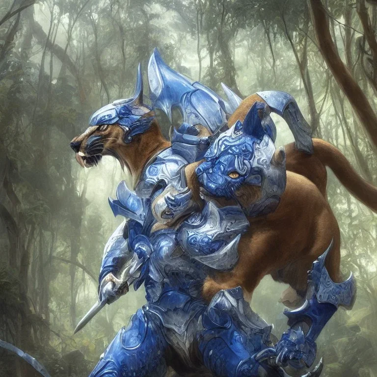 A Fantasy painting of an angry cougar in full blue and white armor, Inka jungle background, highly detailed, digital painting, Artstation, concept art, matte, sharp focus, illustration, dramatic, art by artgerm and greg rutkowski and alphonse mucha