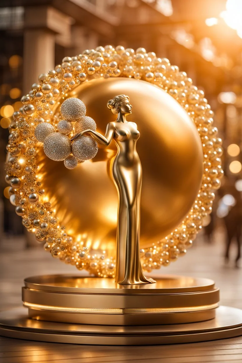 A magnificent golden and silver heart-shaped sign adorned with a stunning golden sphere encrusted with sparkling diamond clusters at its center, elegantly spinning in position,a girl golden statue in standing pose