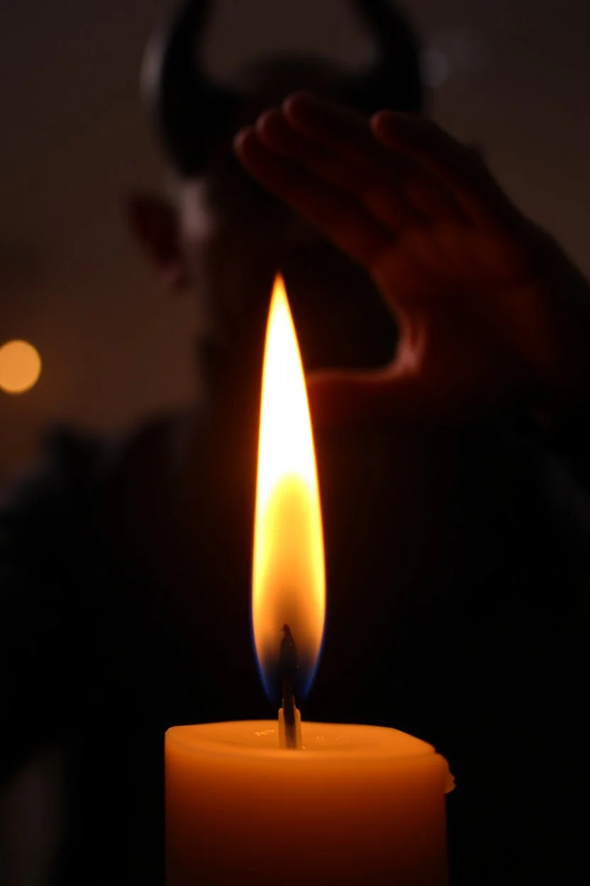 Close-up of the candle flame that glows unnaturally bright, mysterious aura, soft, a devil face in distance in the background , a hand is coming to you