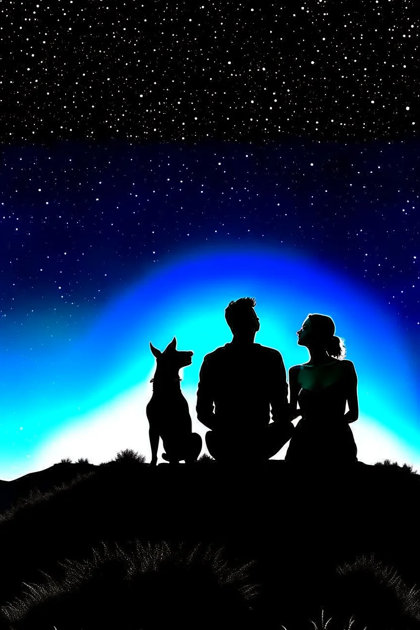 black background on a mountaintop and three silhouettes of a fit man, a silhouette of a fit woman, and silhouette of a Belgian malinois sitting next to the men and the woman looking at the stars