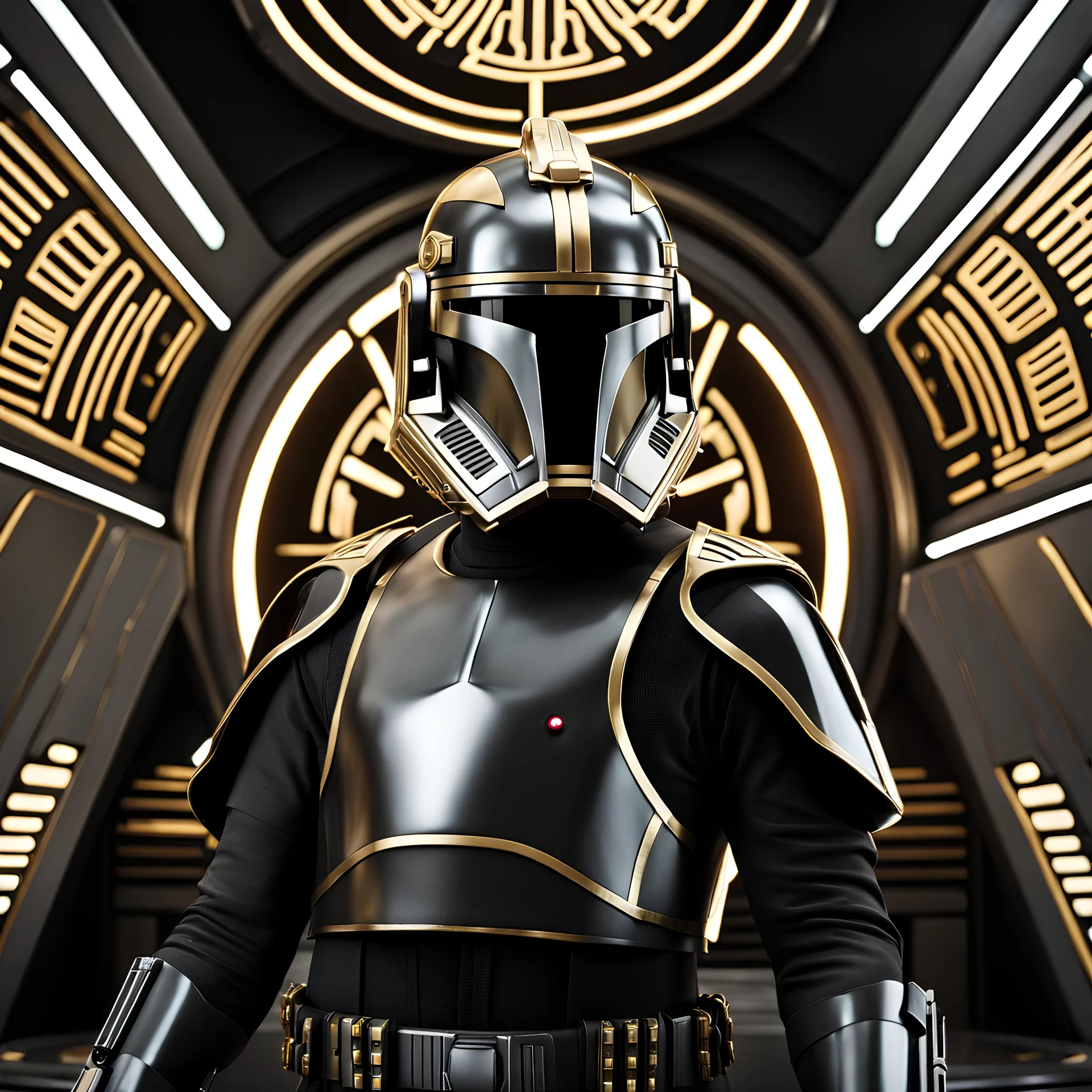 star wars bald male corellian pilot wearing pearlescent black and gunmetal grey First Order special forces heavy assault armor and helmet with gold trim inside the jedi temple, centered portrait, hyperdetailed, dynamic lighting, hyperdetailed background, 8k resolution, volumetric lighting, light skin, fully symmetric details