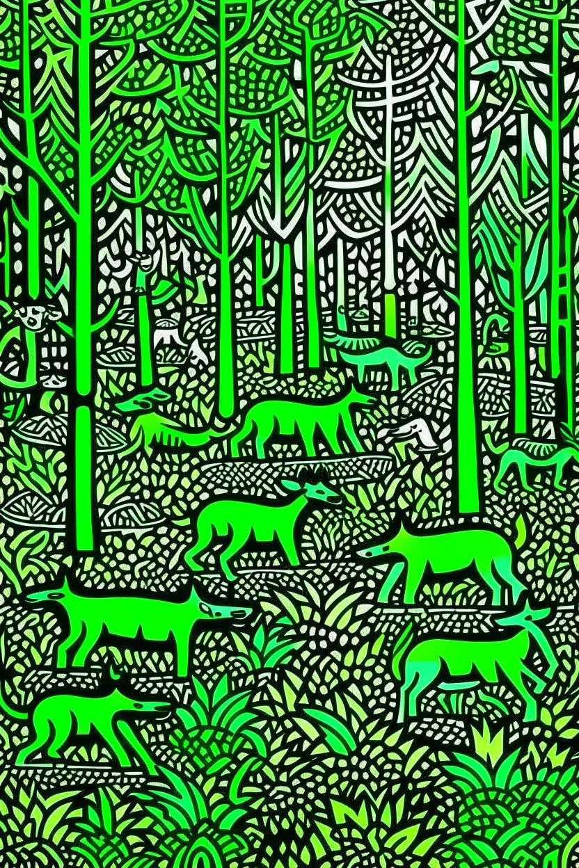 A green viny forest with wolves painted by Keith Haring