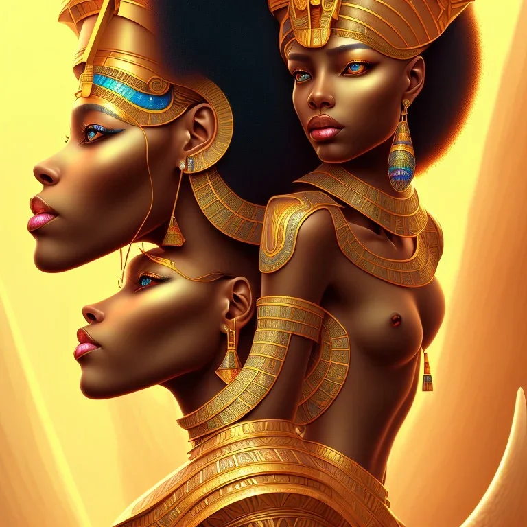 sango fantasy, fantasy magic, intricate, sharp focus, illustration, highly detailed, digital painting, concept art, matte, masterpiece head sexy view black African beauty black afro hair earth lady gold falcon head Egyptian princess pyramid sphinx background