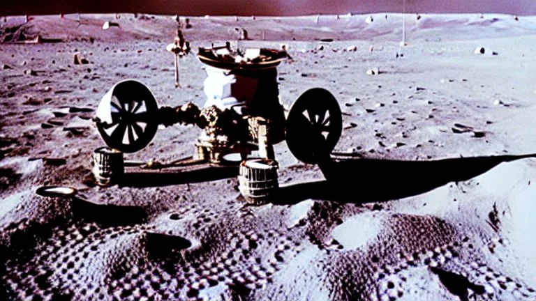 A Tesla's 'Model S Plaid' is parked on the Moon, at the landing site of the 'Apollo 11'. CINEMATIC. WIDE ANGLE LENS.