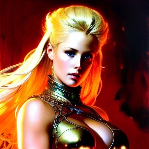 Drawing of beautiful face,'beautiful,Busty blonde Cammy',intense stare, ancient skintight armor, balanciaga fashion clothe painting by gaston bussiere, greg rutkowski, yoji shinkawa, yoshitaka amano, tsutomu nihei, donato giancola, tim hildebrandt, Oil on canvas, cinematic composition, extreme detail,fit full head inside picture,16k