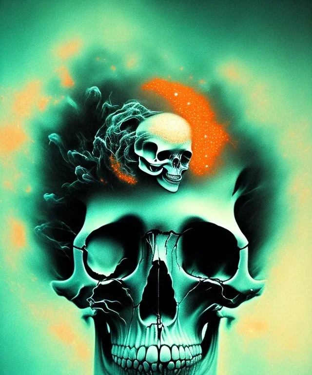 broken realistic skull. black background. smoke and explode. particles in air. teal and orange. abstract. beksinski.