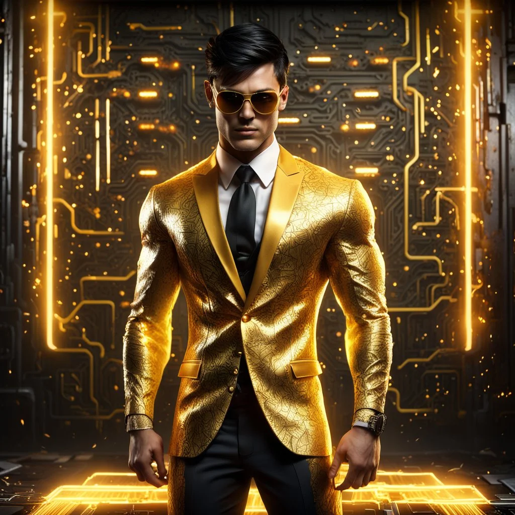 Hyper Realistic handsome muscular Electric-Superhero with short-black-hair wearing long-fancy-yellow-tuxedo-with-golden-circuit-patterns & fancy-golden-sunglasses in a dark-rustic-circuit-room with electric-sparks-&-rays & a massive circuit-board-wall with-glowing-embers showing dramatic & cinematic ambiance.