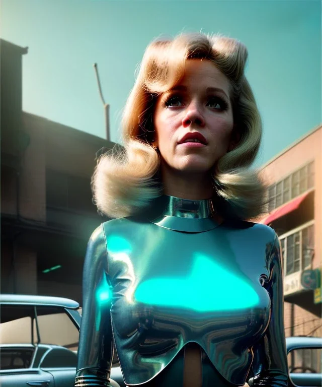 Ultra Realistic retro sci-fi movie Supermarket parking scene, 1960 year, waist up view portrait, a giant blonde woman, sweet teenager Jane Fonda face, perfect iris, glow eyes, face makeup, tight latex coat, many people, Retro sci-fi style, soft color, highly detailed, unreal engine 5, ray tracing, RTX, lumen lighting, ultra detail, volumetric lighting, 3d, finely drawn, high definition, high resolution.