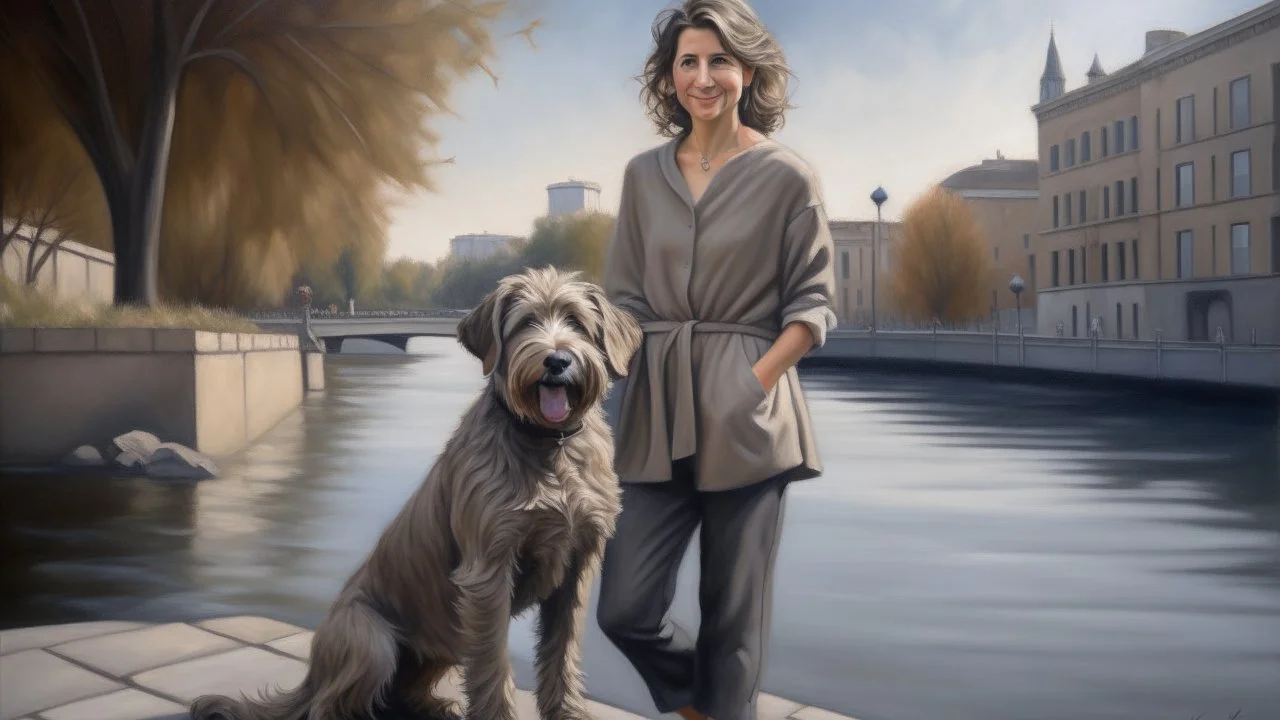 A striking hyperrealistic portrait of a woman and her dog, standing on a sidewalk next to a bustling city river. The woman, painted in the American realist style, is dressed in a simple, monochromatic outfit, with her hair elegantly tied up. Her faithful dog, a playful yet well-behaved breed, sits obediently by her side. The background showcases the urban setting, with towering buildings and a busy river, reflecting the hustle and bustle of city life.