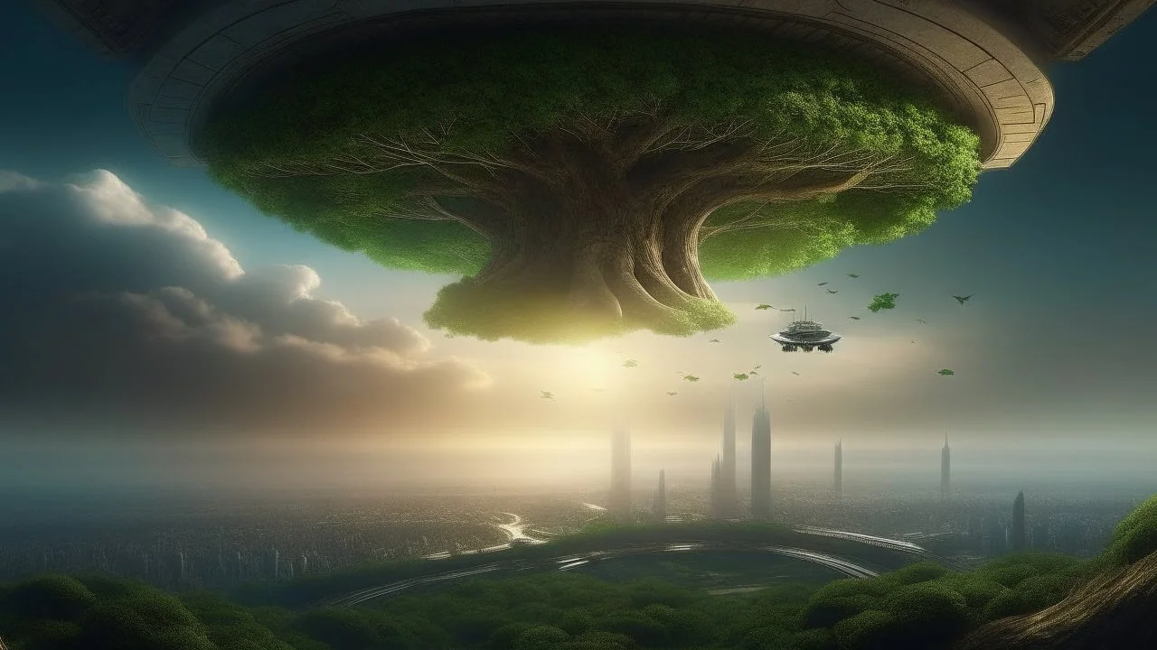 the last tree on earth, view from a far, portal to a space near the tree, few ships flying near the tree, city of the future year 4222, very realistic,