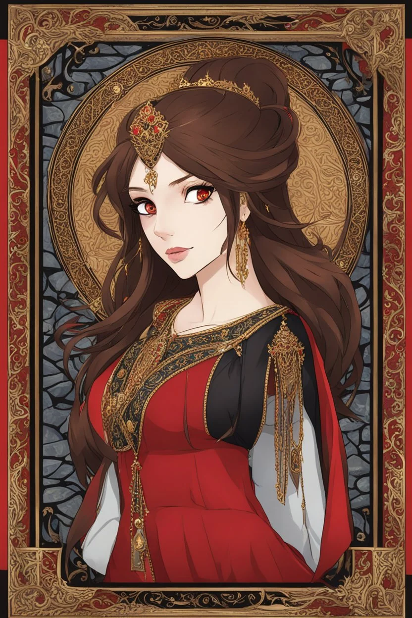 medieval concubine, long brown hair, red eyes, red and black attire