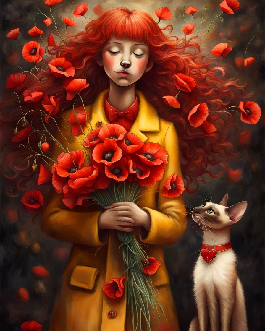 Create a moving illustration of a red girl wearing a yellow coat holding a bouquet of red poppies, standing peacefully, head leaning upward. A Oriental shorthair Siamese chocolate point cat with a red heart-shaped collar sits at her feet, looking up adoredly. Use a dark, textured background to accentuate the heat of the subjects. Emphasize a calm and introspective atmosphere. HD