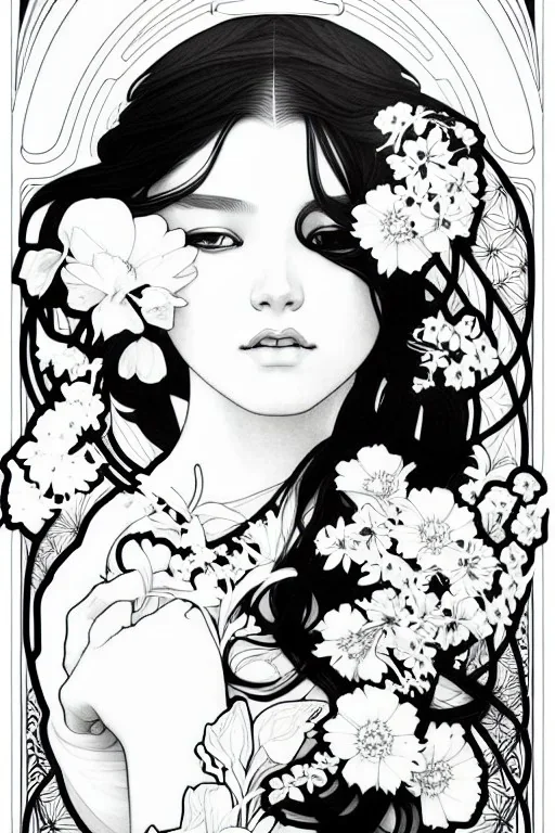 black and white, coloring book illustration, lineart, stunningly beautiful woman in flowers, ross tran, alphonse mucha