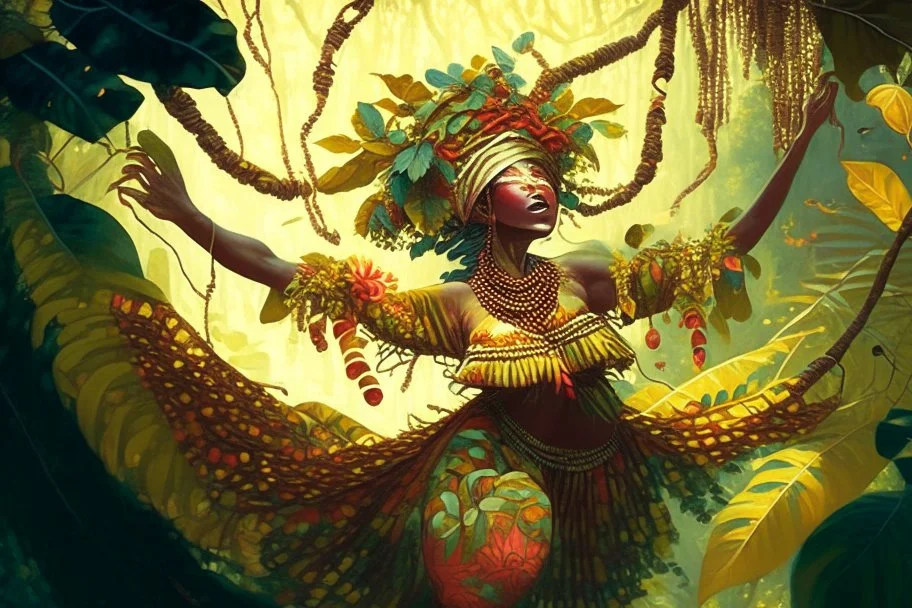 a lush jungle, a woman dressed in embroidered folk costume with a beaded bonnet on her head holding on to a vine with one hand while swinging across and reaching for the next vine with the other, dynamic movement, sunshine