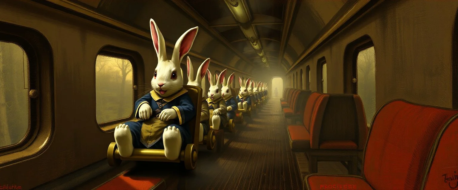 get aboard the rabbit train in the style of Rembrandt and Fallout 4
