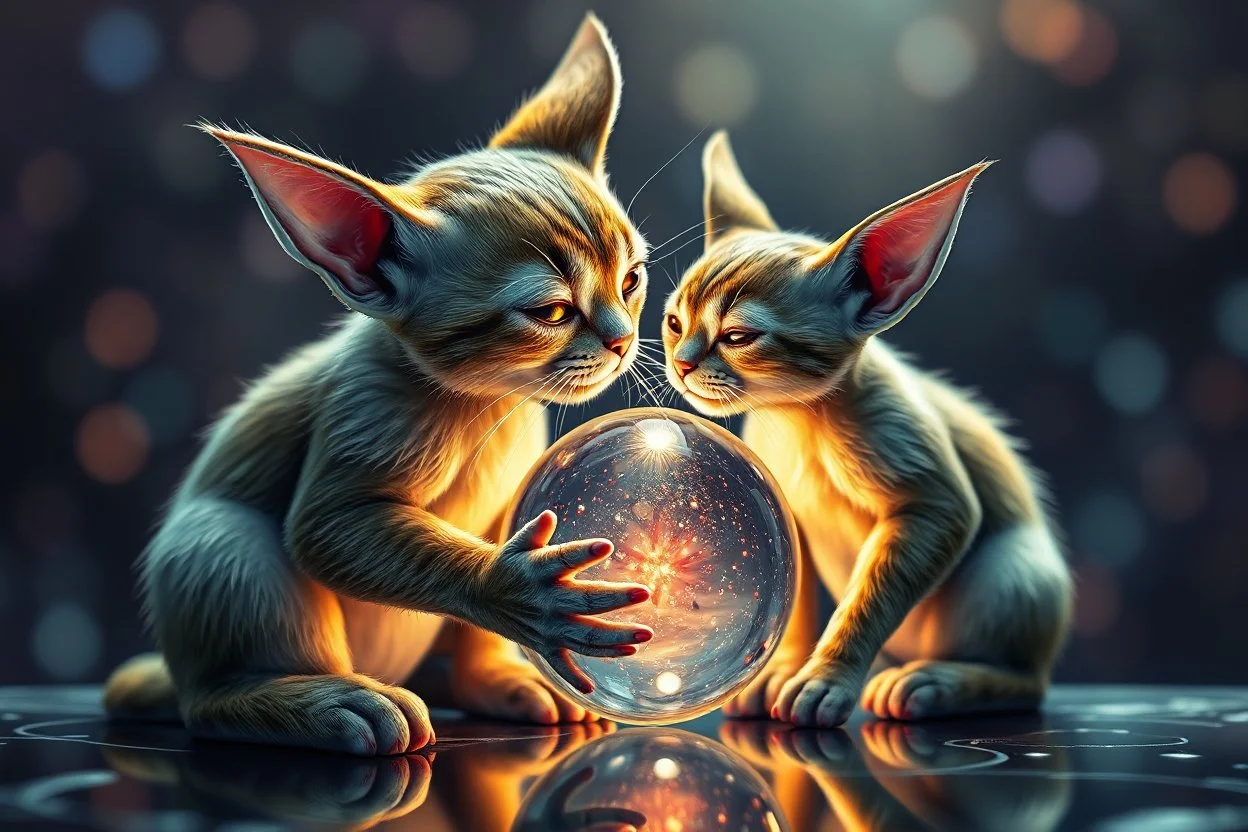 airbrush with pen outline, gremlin cat kissing a reflective orb containing plasma in the style of Escher , bokeh like f/0.8, tilt-shift lens 8k, high detail, smooth render, down-light, unreal engine, prize winning