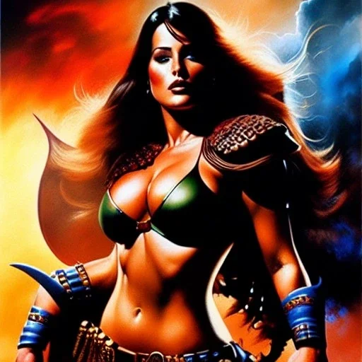 portrait oil on canvas,beautiful busty Female Warrior, minimal armor,comic book cover, mystical colors,insanely detailed,realistic,intrincate detail, 16k resolution, masterpiece,Simon Bisley,Frank Frazetta,Alex Horley,ARTHUR ADAMS