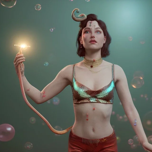 Ultra realistic circus scene. Classic dancer woman with snake, waist up view, Wes Anderson style, happy, bubbles, highly detailed, concept art, unreal engine 5, god rays, ray tracing, RTX, lumen lighting, ultra detail, volumetric lighting, 3d, finely drawn, high definition, high resolution.