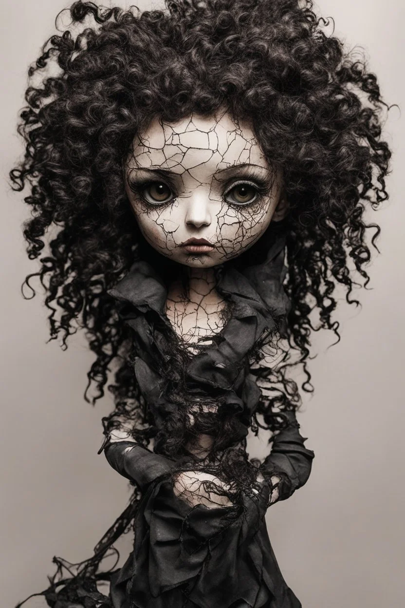 full color, closeup illustration of a dark, menacing, curly haired, black clad motorcycle girl, as a decayed, broken, crude homemade cloth doll toy, with a cracked porcelain face, thick dark eyebrows, hair made from ragged strips of cloth, in the style of Alex Pardee, Tim Burton, and Nadya Sheremet