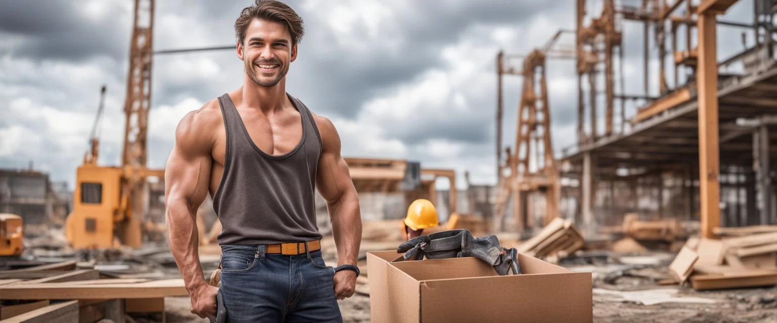 Hyper Realistic photographic-view of a Handsome-muscular-shirtless male construction worker with brown-hair-&-attractive-black-eyes giving-attractive-smile-&-posing at a construction-site with his tools at cloudy-day showing dramatic & cinematic ambiance