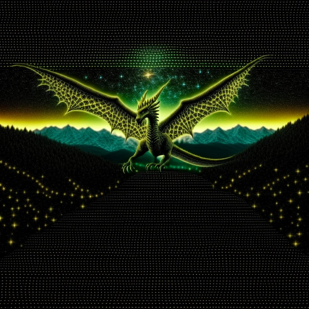 image framed with a thin border of celtic designs, story book cover format, A winged celestial dragon in flight above a forested mountain, against a background of brilliantly glittering stars, hd 4k, fine sharp detail