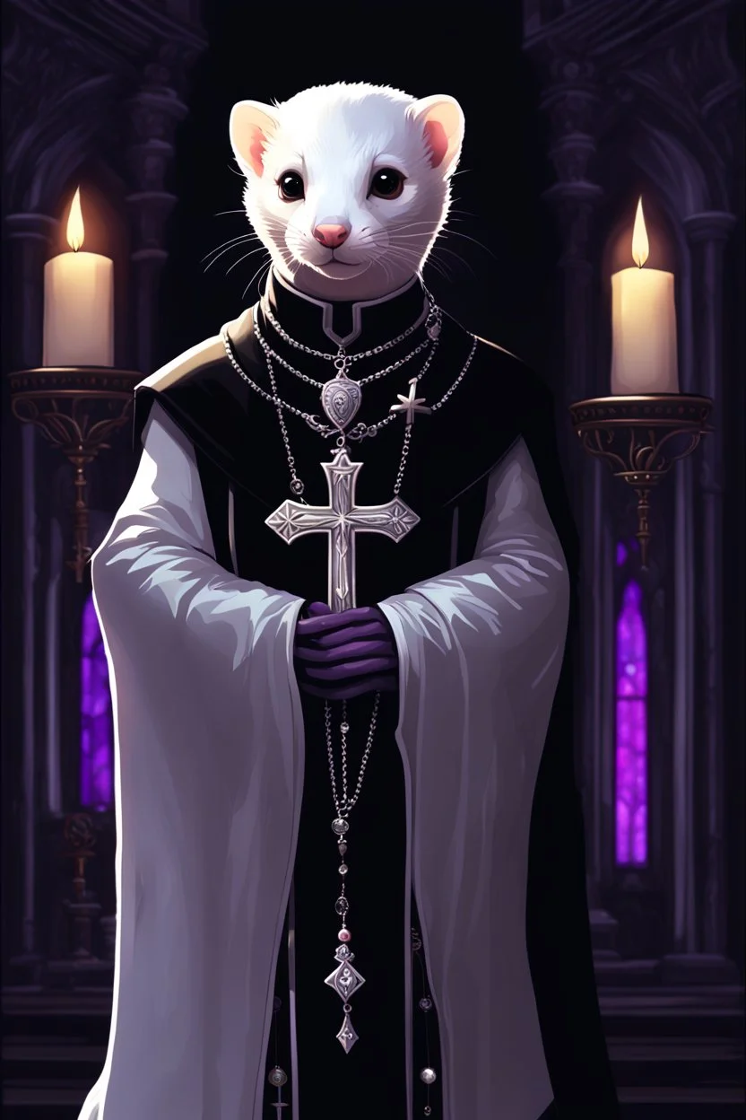 (anthropomorphic white ferret),dressed in ((cleric fantasy)) black clothes with silver holy ornaments, realistic anatomy, posing, cute face, fantasy church on background with warm sunshine lighty from behind, gloomy atmosphere:2.5, purple armband, The holy icon style, RTX, praying, close eyes