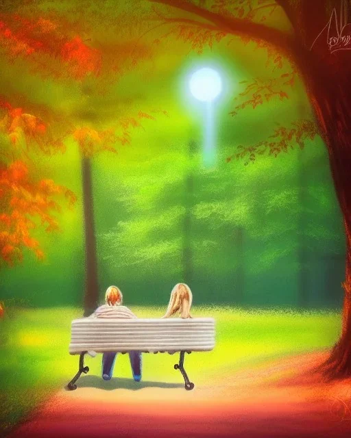 park mystical dream, park bench, man, woman, child, dog, trees, path, bird, sunshine, mystical, fantasy, romanticism, pastel colors, daylight, daytime, acrylic painting, detailed, soft focus,