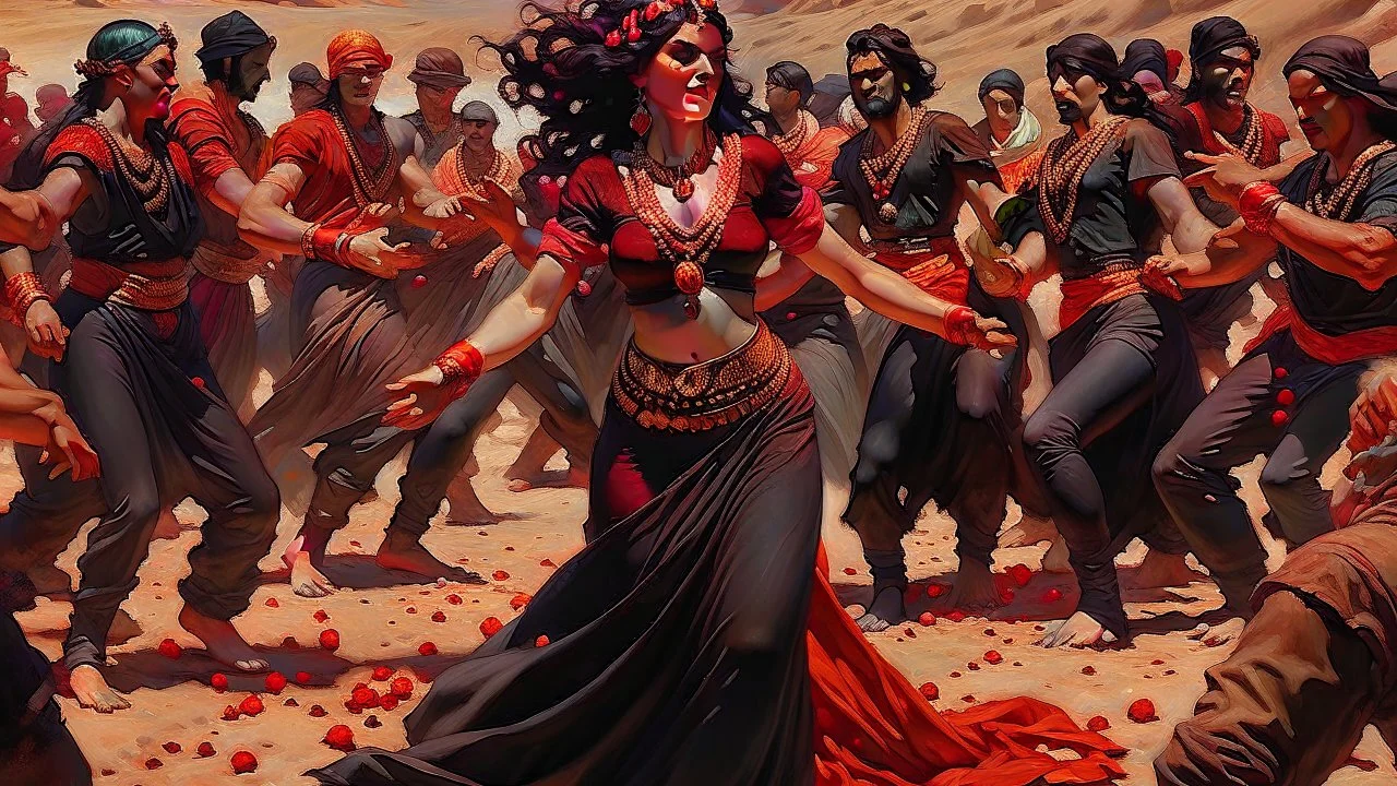 a woman in blood warring black in the desert surrounded by men and women through her with small stones on her.