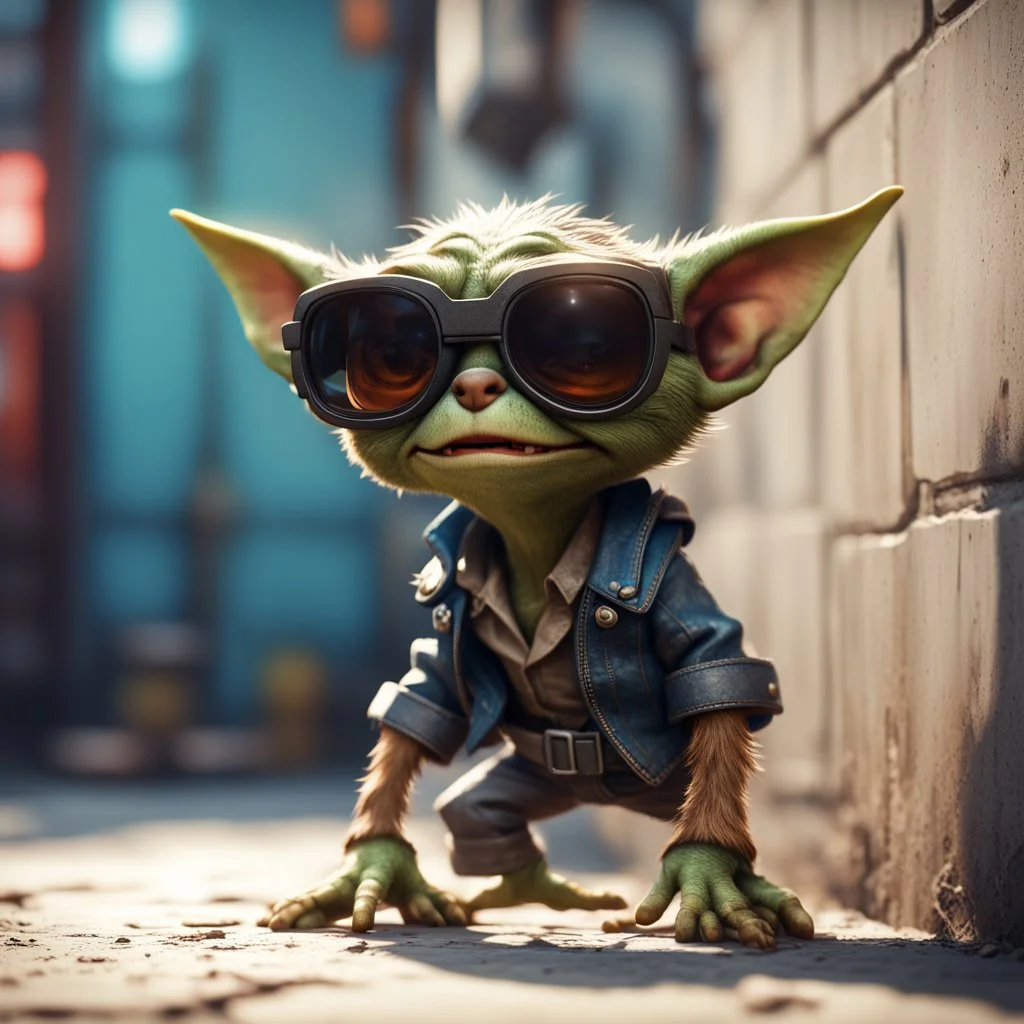 cool gremlin leaning against a wall, wearing flip down sun glasses, in the style of a fallout 4,bokeh like f/0.8, tilt-shift lens 8k, high detail, smooth render, down-light, unreal engine, prize winning