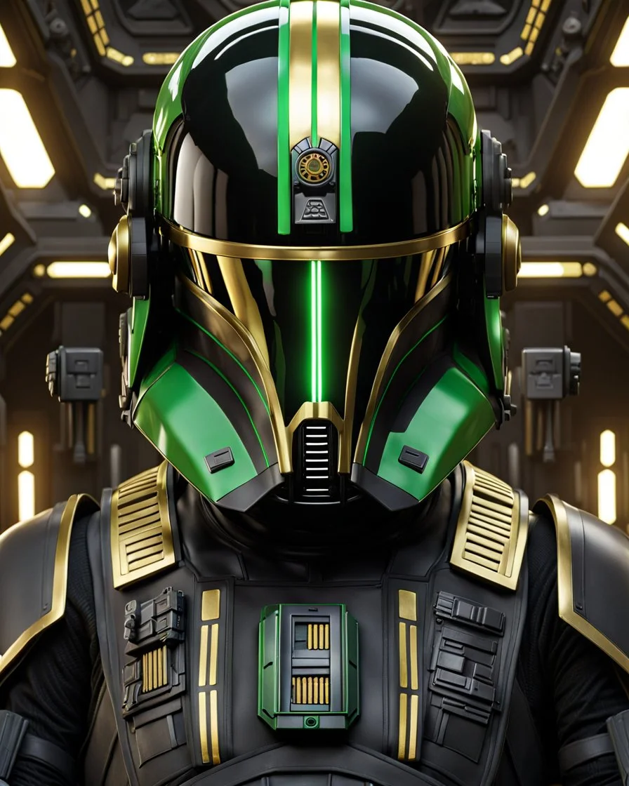 star wars bald male corellian pilot wearing black and bright gasoline green First Order special forces TIE pilot commando armored flightsuit and helmet with gold trim inside the jedi temple, centered head and shoulders portrait, hyperdetailed, dynamic lighting, hyperdetailed background, 8k resolution, volumetric lighting, light skin, fully symmetric details